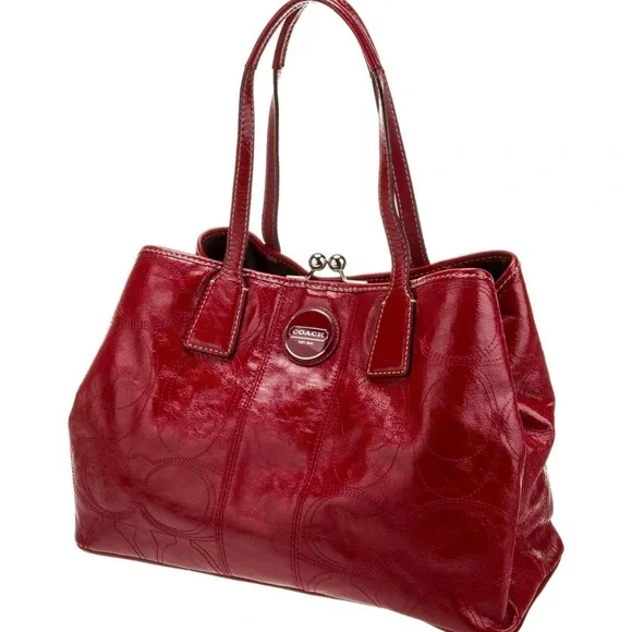 Elegant Red Leather Coach Tote Bag - Picture 3 of 10